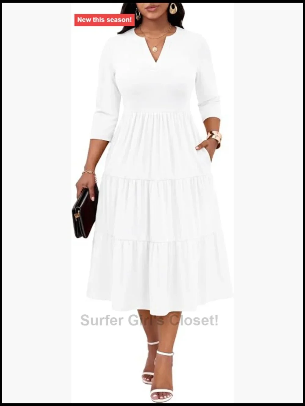 Women Casual Maxi Dress V Neck 3/4 Sleeve Tiered Ruffle with Pockets